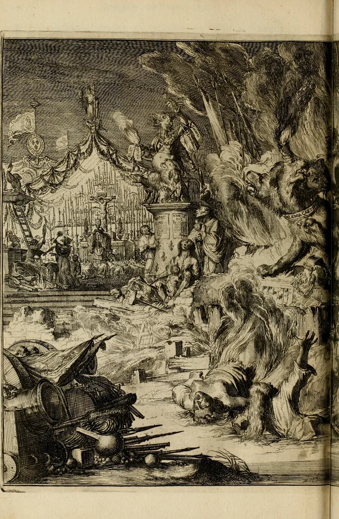 An illustration from Schouburgh der Nederlandse veranderingen : geopent in ses tooneelen, waer op de wisselbeurten des Vereenigde Staets door den Fransen oorlog gebrouwen : in historieele sinnebeelden vertoont en beschreven zijn, 1674, leaf 51