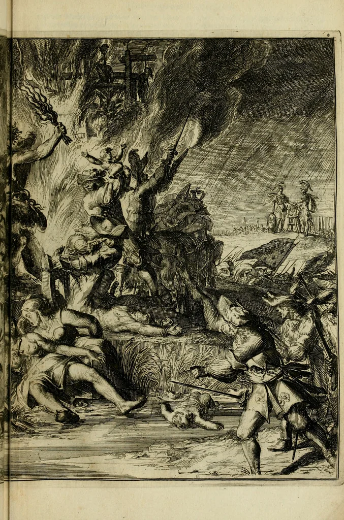 An illustration from Schouburgh der Nederlandse veranderingen : geopent in ses tooneelen, waer op de wisselbeurten des Vereenigde Staets door den Fransen oorlog gebrouwen : in historieele sinnebeelden vertoont en beschreven zijn, 1674, leaf 52
