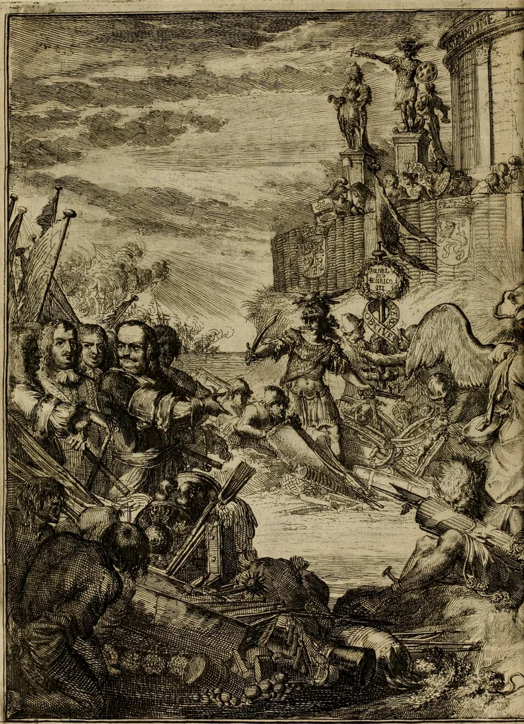 An illustration from Schouburgh der Nederlandse veranderingen : geopent in ses tooneelen, waer op de wisselbeurten des Vereenigde Staets door den Fransen oorlog gebrouwen : in historieele sinnebeelden vertoont en beschreven zijn, 1674, leaf 59