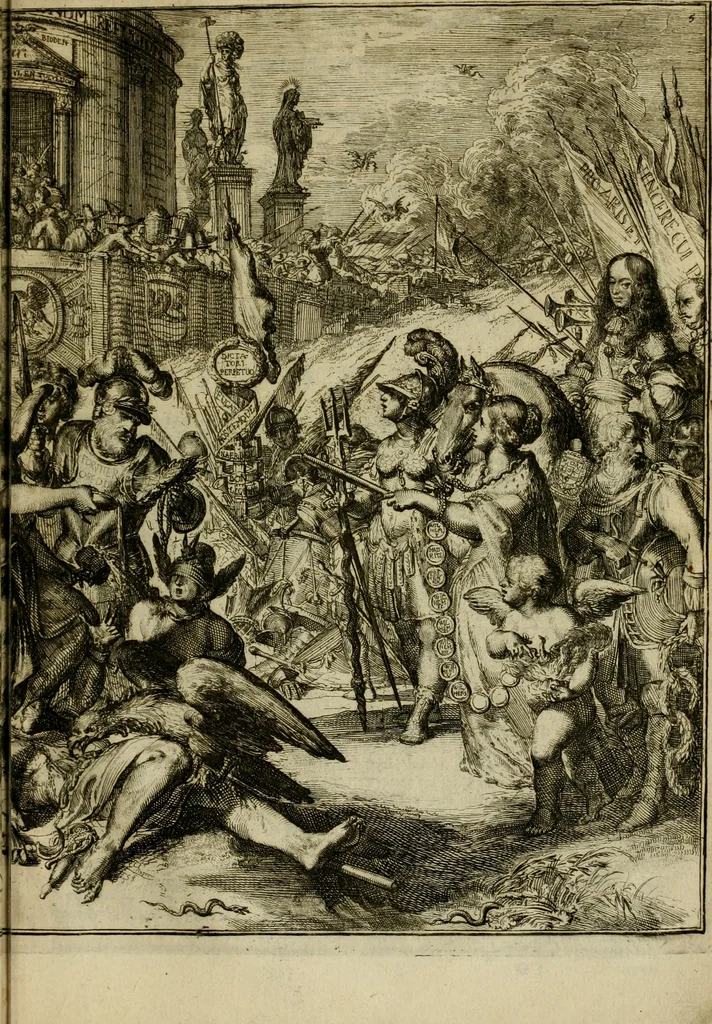 An illustration from Schouburgh der Nederlandse veranderingen : geopent in ses tooneelen, waer op de wisselbeurten des Vereenigde Staets door den Fransen oorlog gebrouwen : in historieele sinnebeelden vertoont en beschreven zijn, 1674, leaf 60