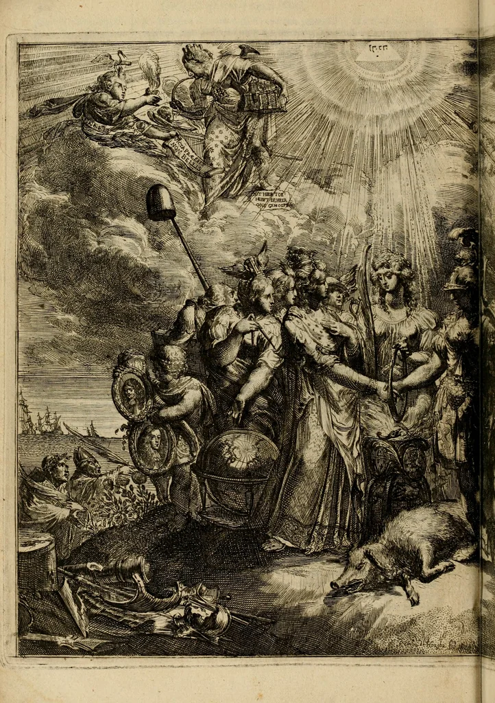 An illustration from Schouburgh der Nederlandse veranderingen : geopent in ses tooneelen, waer op de wisselbeurten des Vereenigde Staets door den Fransen oorlog gebrouwen : in historieele sinnebeelden vertoont en beschreven zijn, 1674, leaf 69