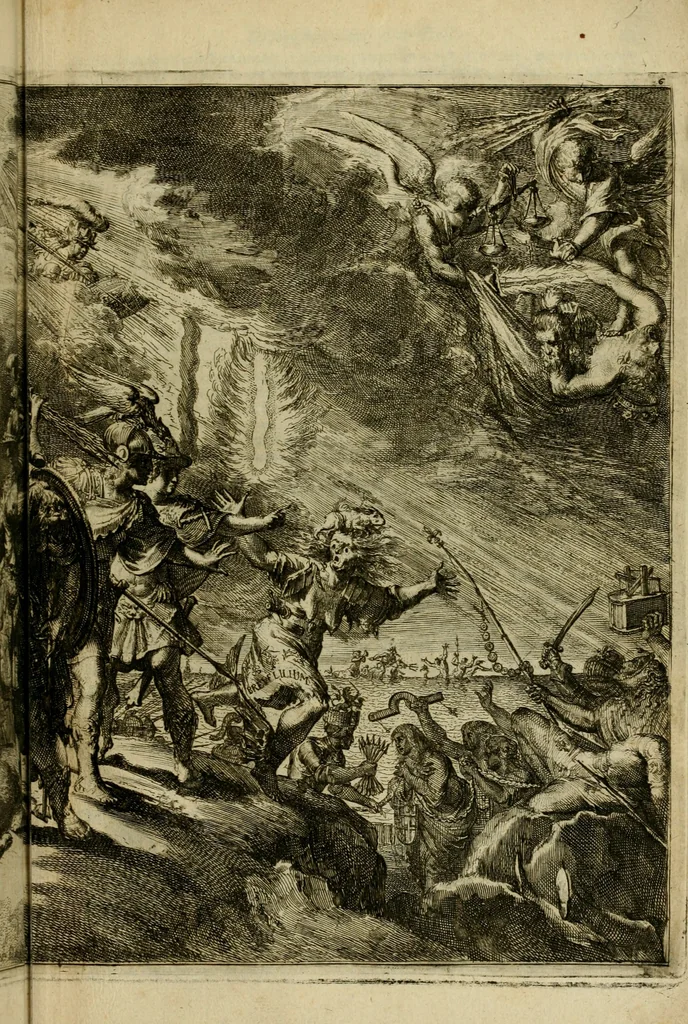 An illustration from Schouburgh der Nederlandse veranderingen : geopent in ses tooneelen, waer op de wisselbeurten des Vereenigde Staets door den Fransen oorlog gebrouwen : in historieele sinnebeelden vertoont en beschreven zijn, 1674, leaf 70