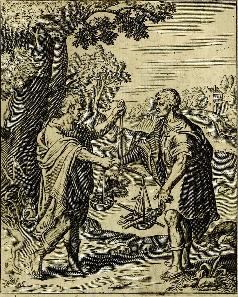 An illustration from Schouwtoneel des menschelyken leevens, of, Lessen der wysheid : uytgedrukt in 103. fraaye konstplaaten, welker zinspeelingen uyt Horatius verzaamellt zyn, 1755, leaf 100