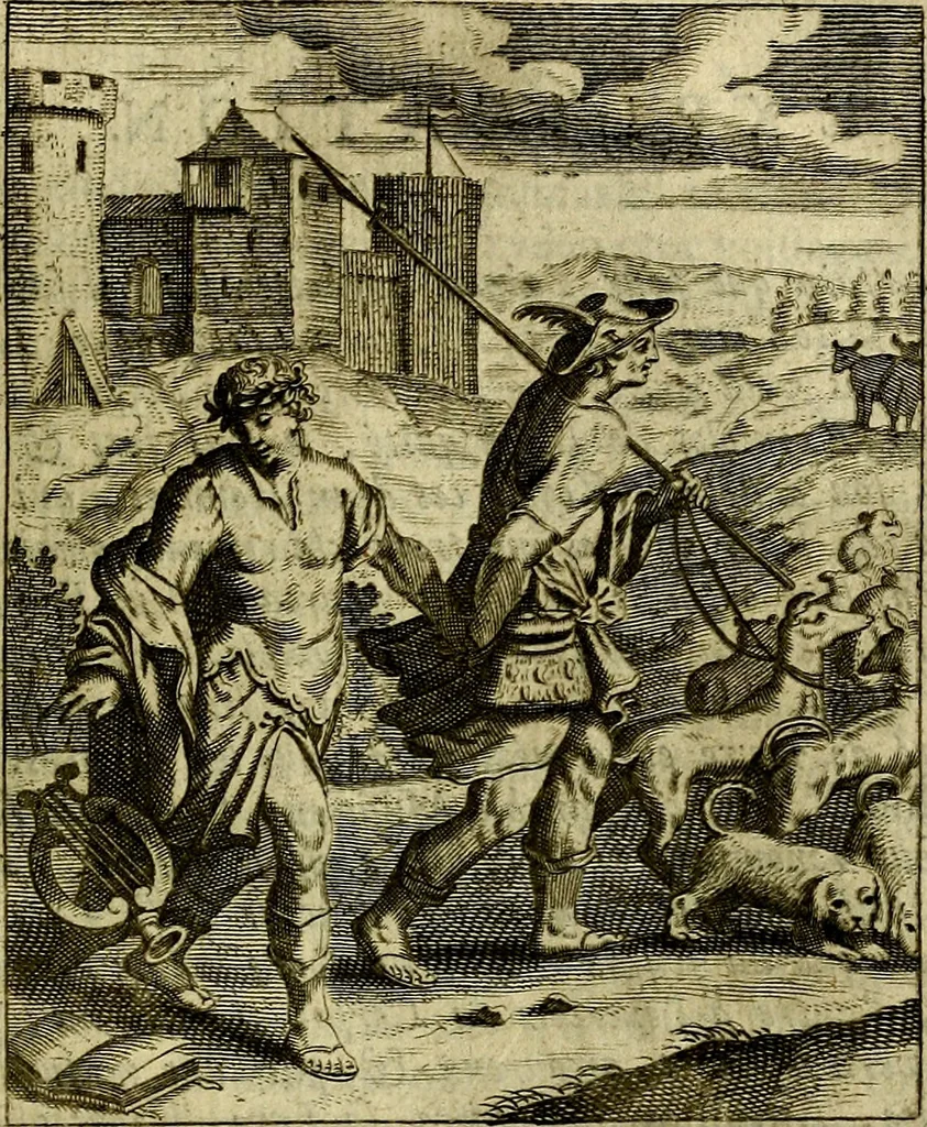 An illustration from Schouwtoneel des menschelyken leevens, of, Lessen der wysheid : uytgedrukt in 103. fraaye konstplaaten, welker zinspeelingen uyt Horatius verzaamellt zyn, 1755, leaf 104
