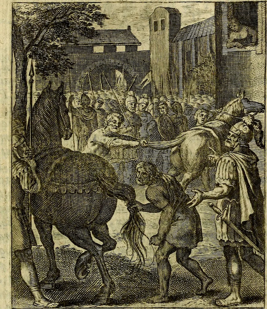 An illustration from Schouwtoneel des menschelyken leevens, of, Lessen der wysheid : uytgedrukt in 103. fraaye konstplaaten, welker zinspeelingen uyt Horatius verzaamellt zyn, 1755, leaf 108