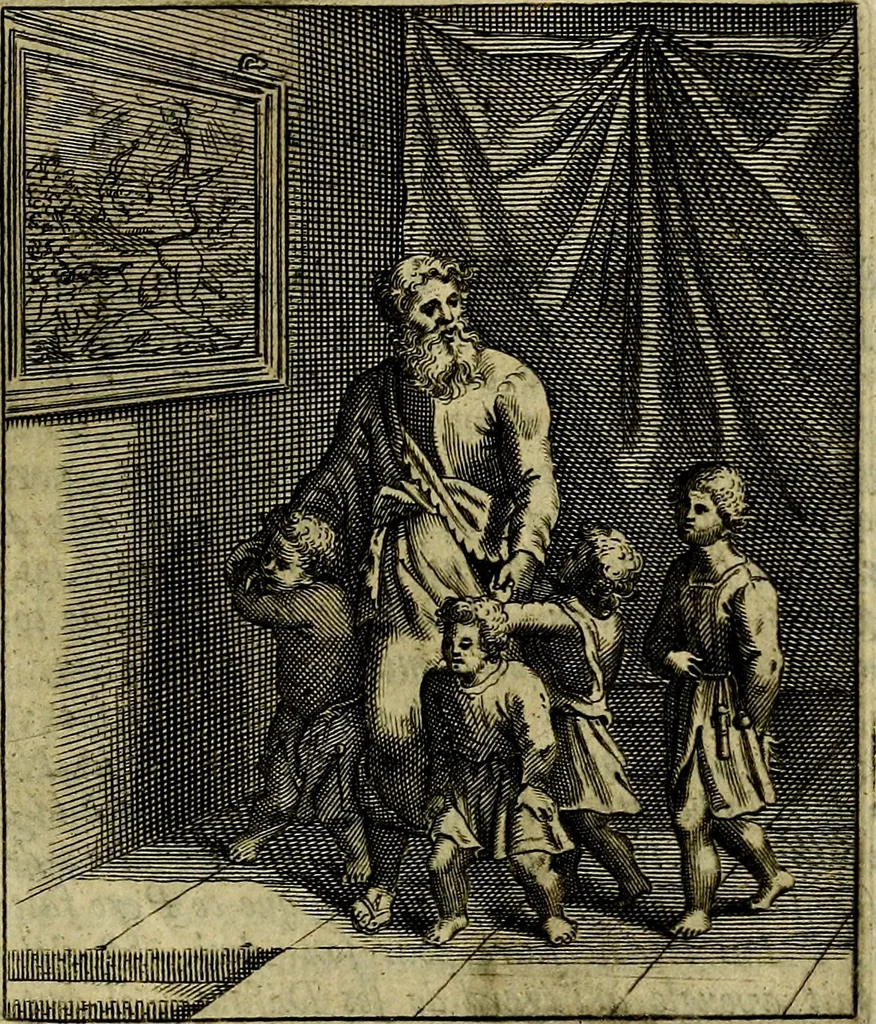 An illustration from Schouwtoneel des menschelyken leevens, of, Lessen der wysheid : uytgedrukt in 103. fraaye konstplaaten, welker zinspeelingen uyt Horatius verzaamellt zyn, 1755, leaf 116