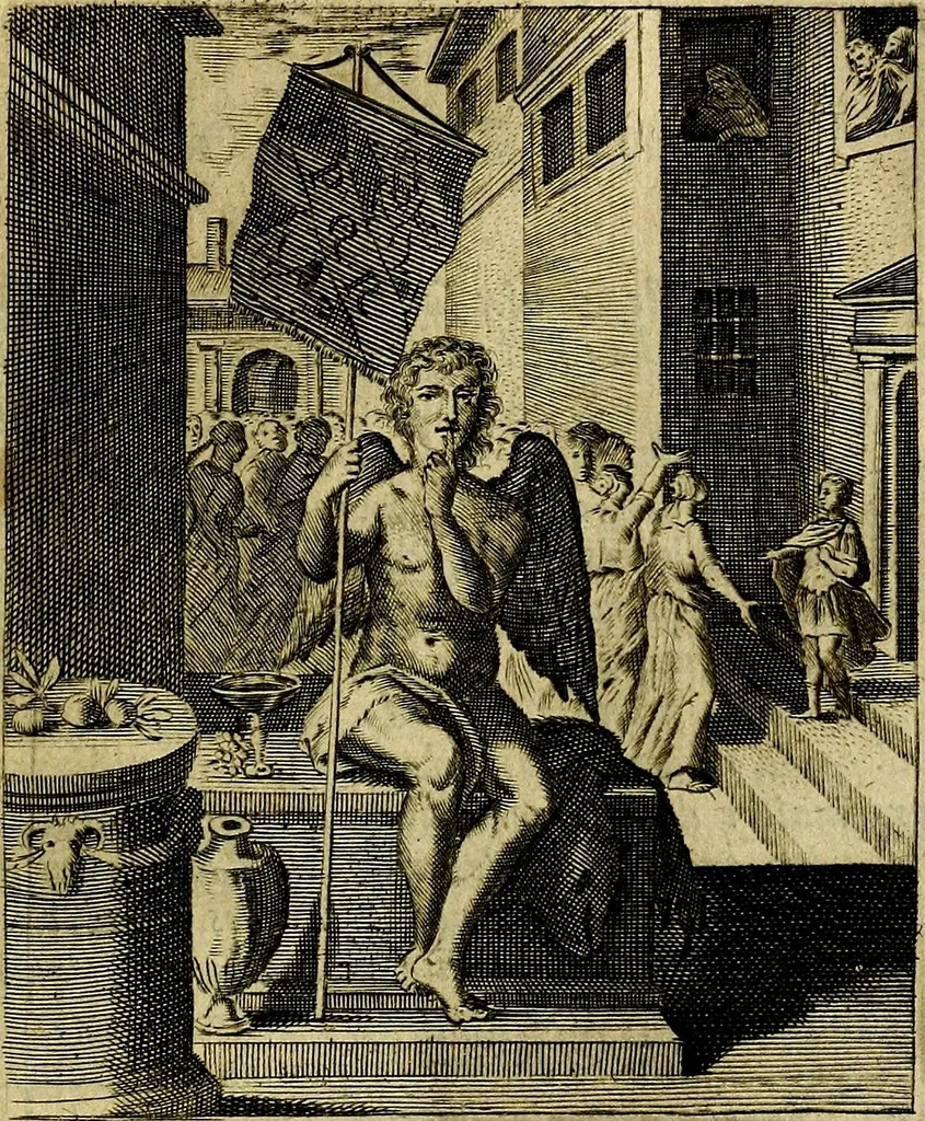 An illustration from Schouwtoneel des menschelyken leevens, of, Lessen der wysheid : uytgedrukt in 103. fraaye konstplaaten, welker zinspeelingen uyt Horatius verzaamellt zyn, 1755, leaf 124