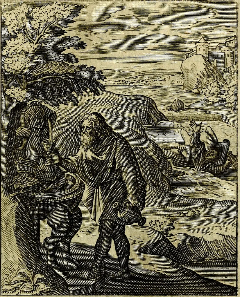 An illustration from Schouwtoneel des menschelyken leevens, of, Lessen der wysheid : uytgedrukt in 103. fraaye konstplaaten, welker zinspeelingen uyt Horatius verzaamellt zyn, 1755, leaf 132
