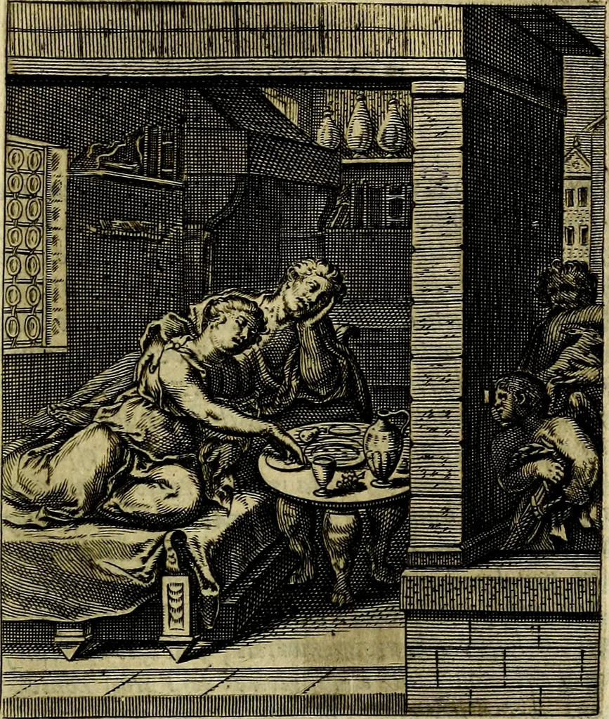 An illustration from Schouwtoneel des menschelyken leevens, of, Lessen der wysheid : uytgedrukt in 103. fraaye konstplaaten, welker zinspeelingen uyt Horatius verzaamellt zyn, 1755, leaf 136