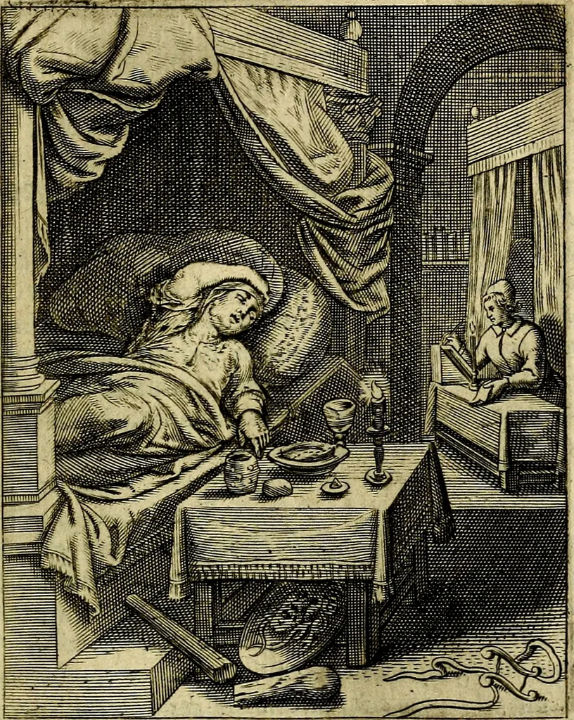 An illustration from Schouwtoneel des menschelyken leevens, of, Lessen der wysheid : uytgedrukt in 103. fraaye konstplaaten, welker zinspeelingen uyt Horatius verzaamellt zyn, 1755, leaf 152