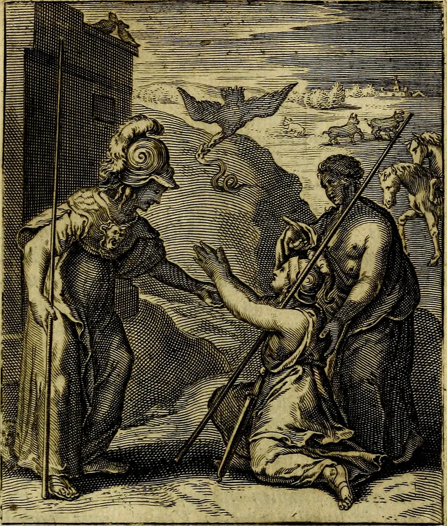 An illustration from Schouwtoneel des menschelyken leevens, of, Lessen der wysheid : uytgedrukt in 103. fraaye konstplaaten, welker zinspeelingen uyt Horatius verzaamellt zyn, 1755, leaf 16