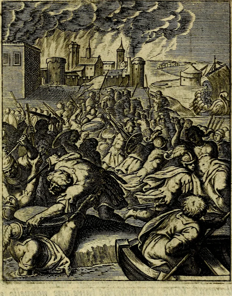 An illustration from Schouwtoneel des menschelyken leevens, of, Lessen der wysheid : uytgedrukt in 103. fraaye konstplaaten, welker zinspeelingen uyt Horatius verzaamellt zyn, 1755, leaf 160
