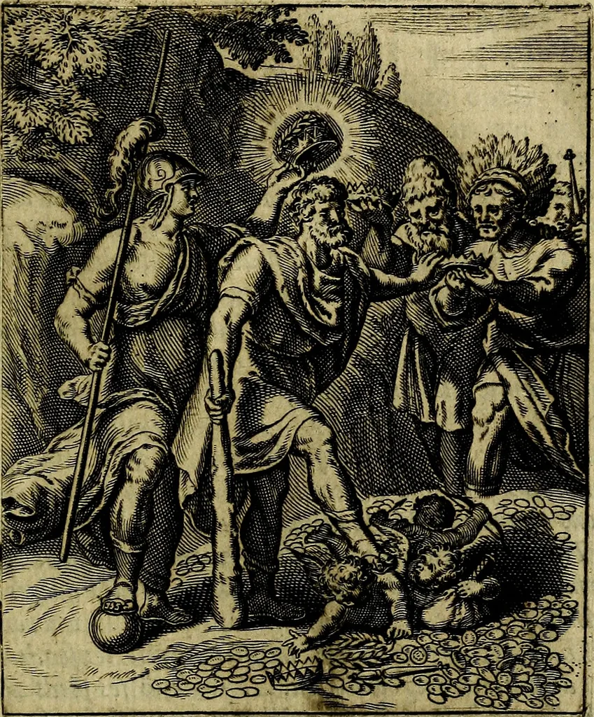 An illustration from Schouwtoneel des menschelyken leevens, of, Lessen der wysheid : uytgedrukt in 103. fraaye konstplaaten, welker zinspeelingen uyt Horatius verzaamellt zyn, 1755, leaf 172