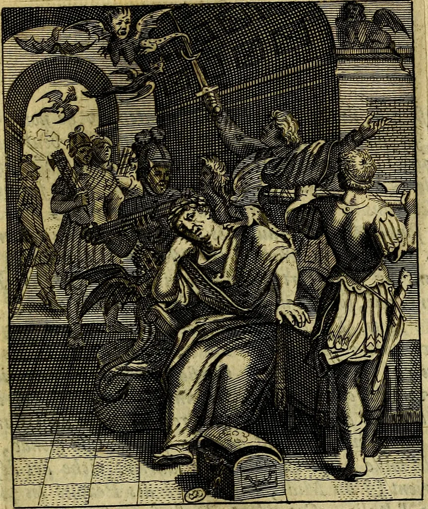 An illustration from Schouwtoneel des menschelyken leevens, of, Lessen der wysheid : uytgedrukt in 103. fraaye konstplaaten, welker zinspeelingen uyt Horatius verzaamellt zyn, 1755, leaf 180