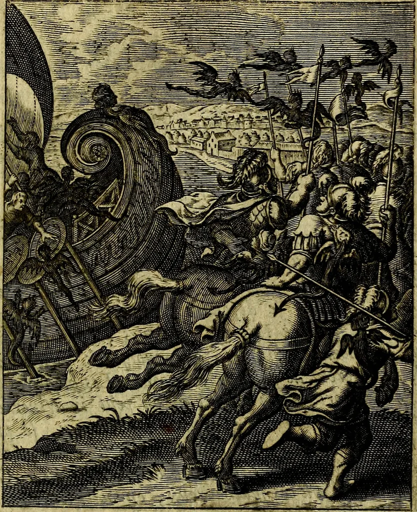 An illustration from Schouwtoneel des menschelyken leevens, of, Lessen der wysheid : uytgedrukt in 103. fraaye konstplaaten, welker zinspeelingen uyt Horatius verzaamellt zyn, 1755, leaf 184