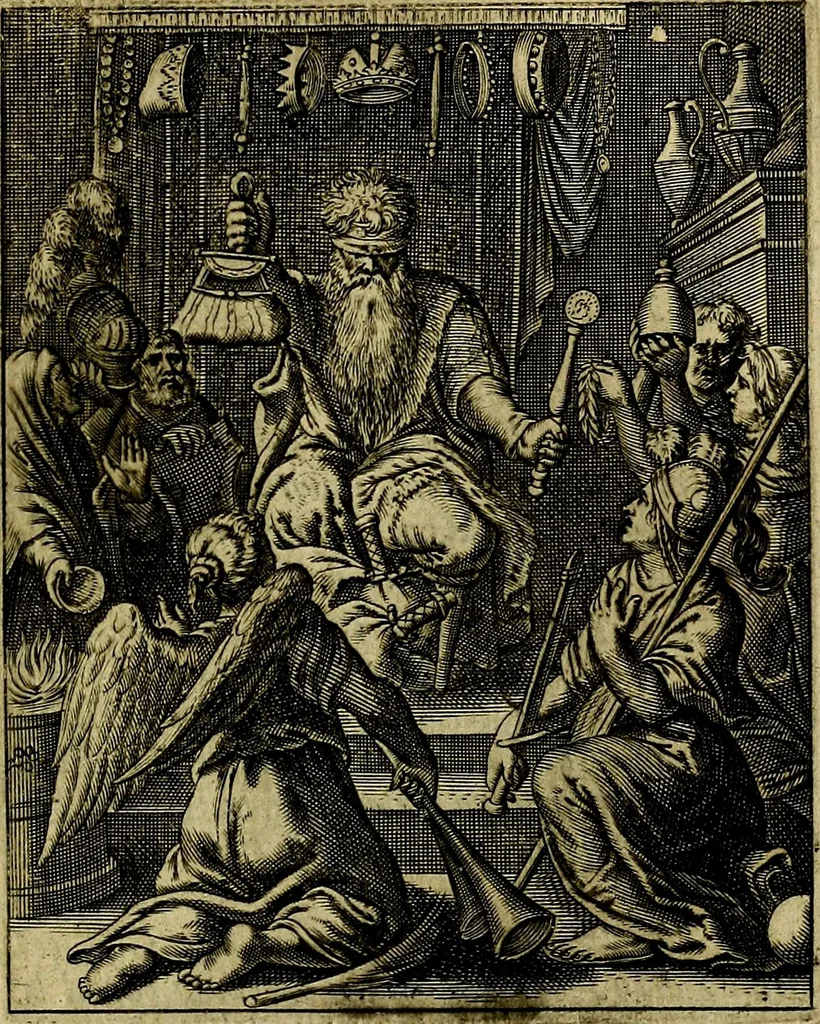 An illustration from Schouwtoneel des menschelyken leevens, of, Lessen der wysheid : uytgedrukt in 103. fraaye konstplaaten, welker zinspeelingen uyt Horatius verzaamellt zyn, 1755, leaf 196