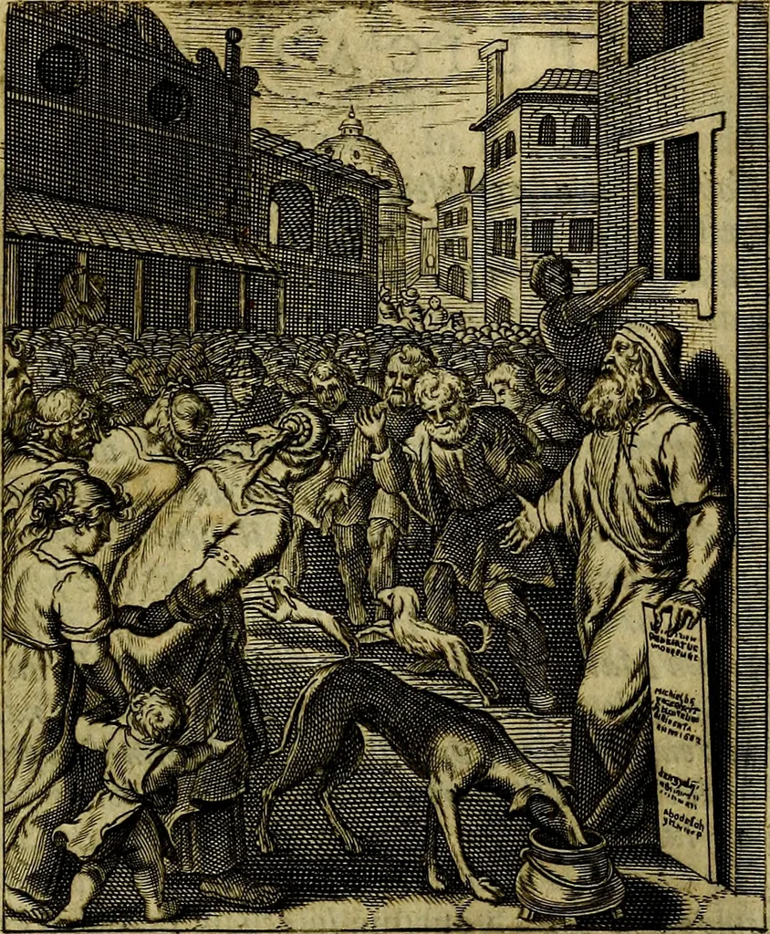 An illustration from Schouwtoneel des menschelyken leevens, of, Lessen der wysheid : uytgedrukt in 103. fraaye konstplaaten, welker zinspeelingen uyt Horatius verzaamellt zyn, 1755, leaf 20