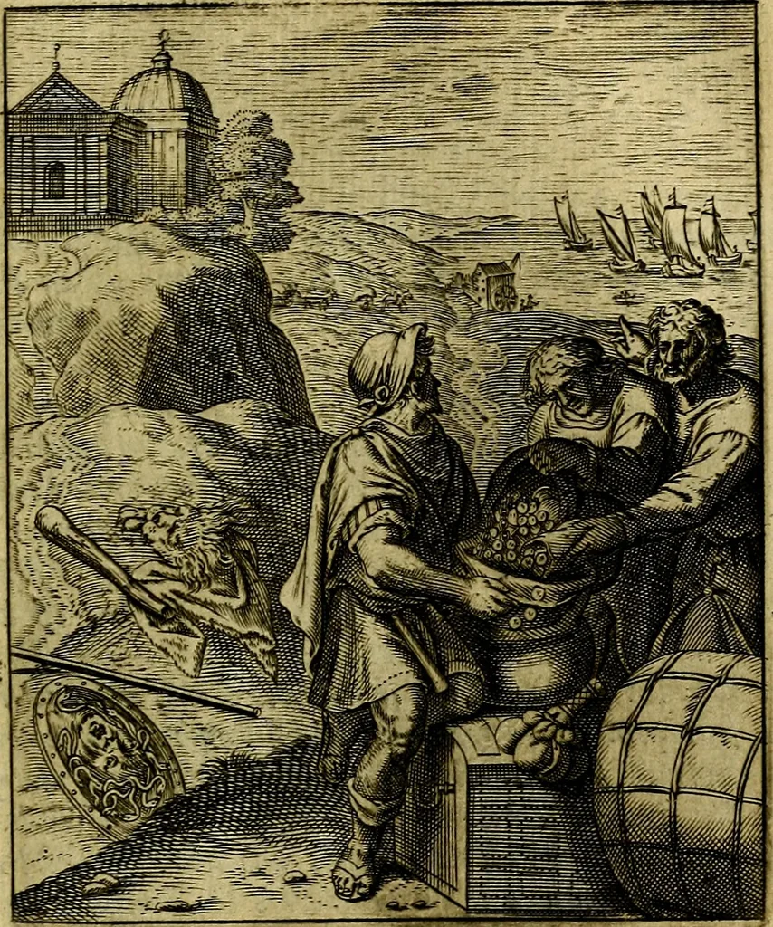 An illustration from Schouwtoneel des menschelyken leevens, of, Lessen der wysheid : uytgedrukt in 103. fraaye konstplaaten, welker zinspeelingen uyt Horatius verzaamellt zyn, 1755, leaf 204