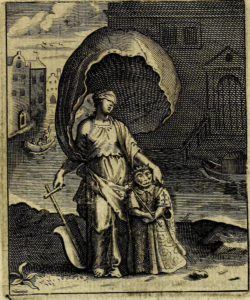 An illustration from Schouwtoneel des menschelyken leevens, of, Lessen der wysheid : uytgedrukt in 103. fraaye konstplaaten, welker zinspeelingen uyt Horatius verzaamellt zyn, 1755, leaf 212