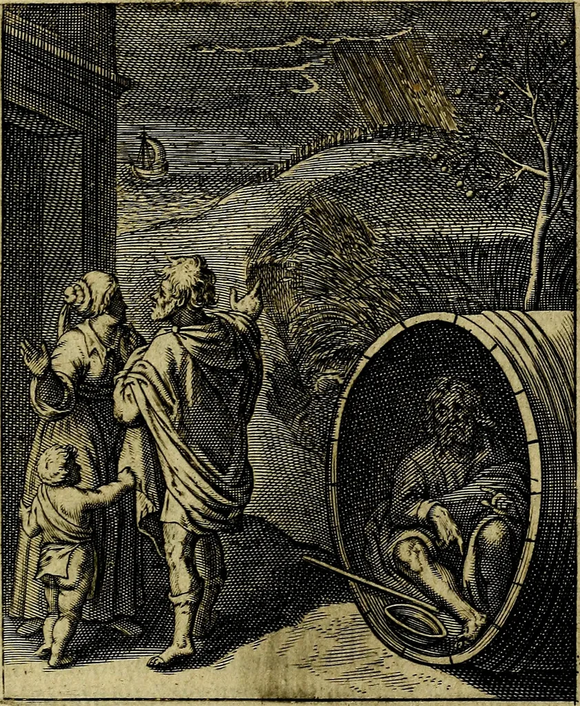 An illustration from Schouwtoneel des menschelyken leevens, of, Lessen der wysheid : uytgedrukt in 103. fraaye konstplaaten, welker zinspeelingen uyt Horatius verzaamellt zyn, 1755, leaf 216