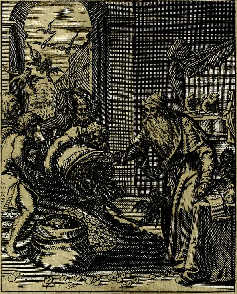 An illustration from Schouwtoneel des menschelyken leevens, of, Lessen der wysheid : uytgedrukt in 103. fraaye konstplaaten, welker zinspeelingen uyt Horatius verzaamellt zyn, 1755, leaf 220