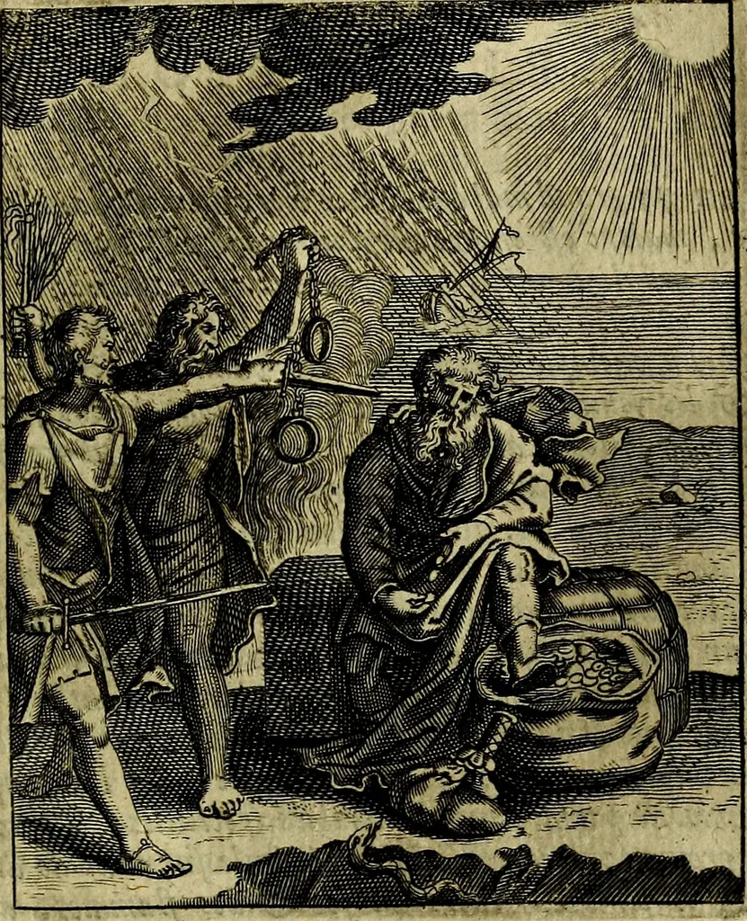 An illustration from Schouwtoneel des menschelyken leevens, of, Lessen der wysheid : uytgedrukt in 103. fraaye konstplaaten, welker zinspeelingen uyt Horatius verzaamellt zyn, 1755, leaf 224