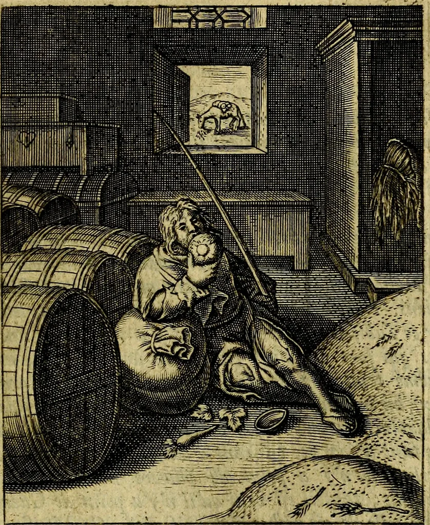 An illustration from Schouwtoneel des menschelyken leevens, of, Lessen der wysheid : uytgedrukt in 103. fraaye konstplaaten, welker zinspeelingen uyt Horatius verzaamellt zyn, 1755, leaf 232