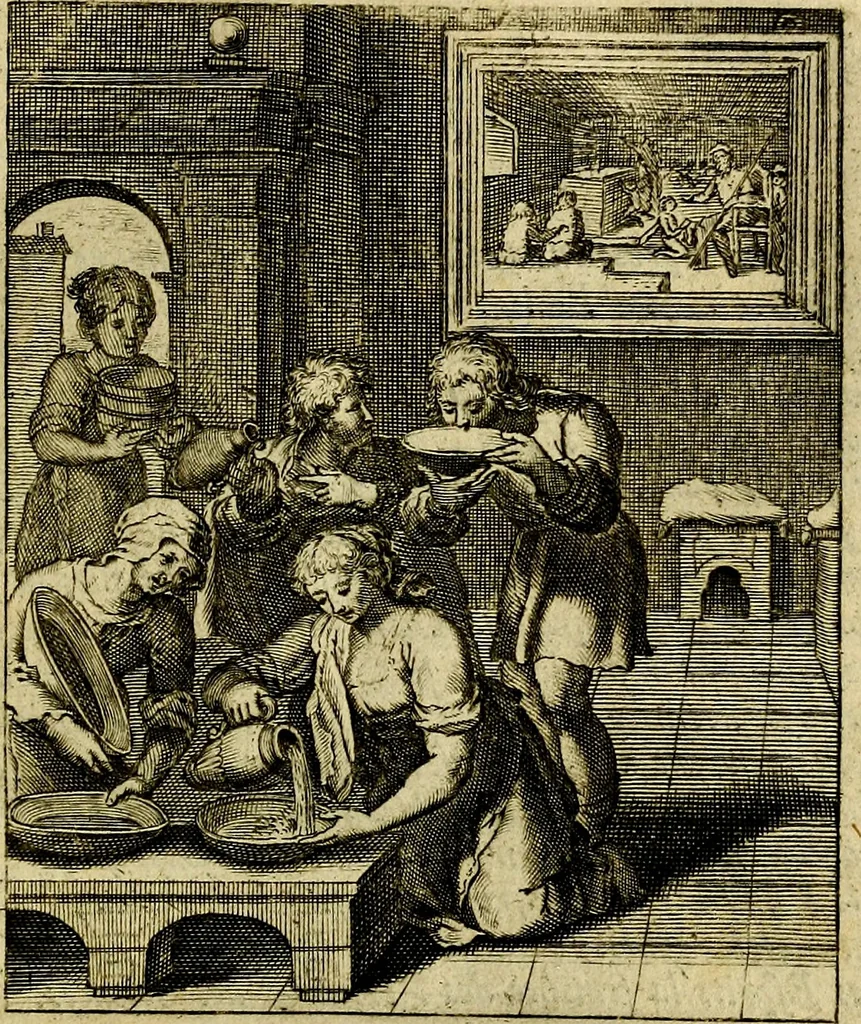 An illustration from Schouwtoneel des menschelyken leevens, of, Lessen der wysheid : uytgedrukt in 103. fraaye konstplaaten, welker zinspeelingen uyt Horatius verzaamellt zyn, 1755, leaf 24