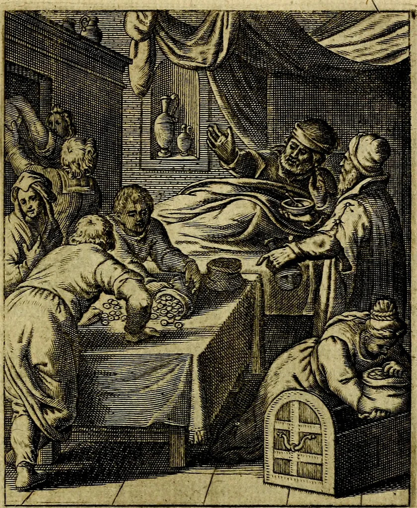 An illustration from Schouwtoneel des menschelyken leevens, of, Lessen der wysheid : uytgedrukt in 103. fraaye konstplaaten, welker zinspeelingen uyt Horatius verzaamellt zyn, 1755, leaf 240