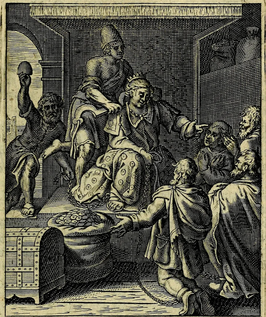 An illustration from Schouwtoneel des menschelyken leevens, of, Lessen der wysheid : uytgedrukt in 103. fraaye konstplaaten, welker zinspeelingen uyt Horatius verzaamellt zyn, 1755, leaf 248