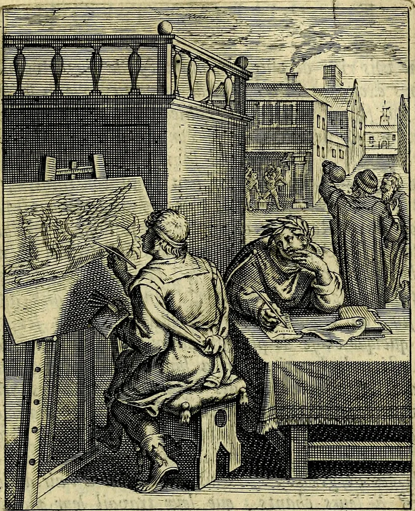 An illustration from Schouwtoneel des menschelyken leevens, of, Lessen der wysheid : uytgedrukt in 103. fraaye konstplaaten, welker zinspeelingen uyt Horatius verzaamellt zyn, 1755, leaf 256