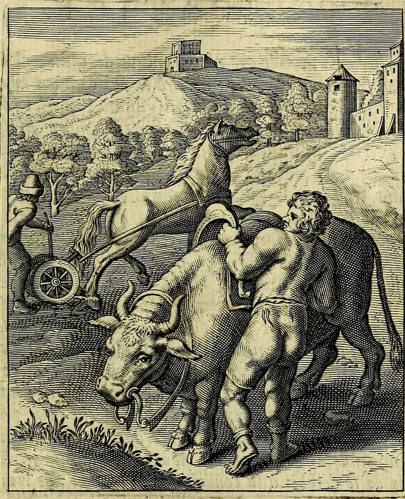 An illustration from Schouwtoneel des menschelyken leevens, of, Lessen der wysheid : uytgedrukt in 103. fraaye konstplaaten, welker zinspeelingen uyt Horatius verzaamellt zyn, 1755, leaf 260