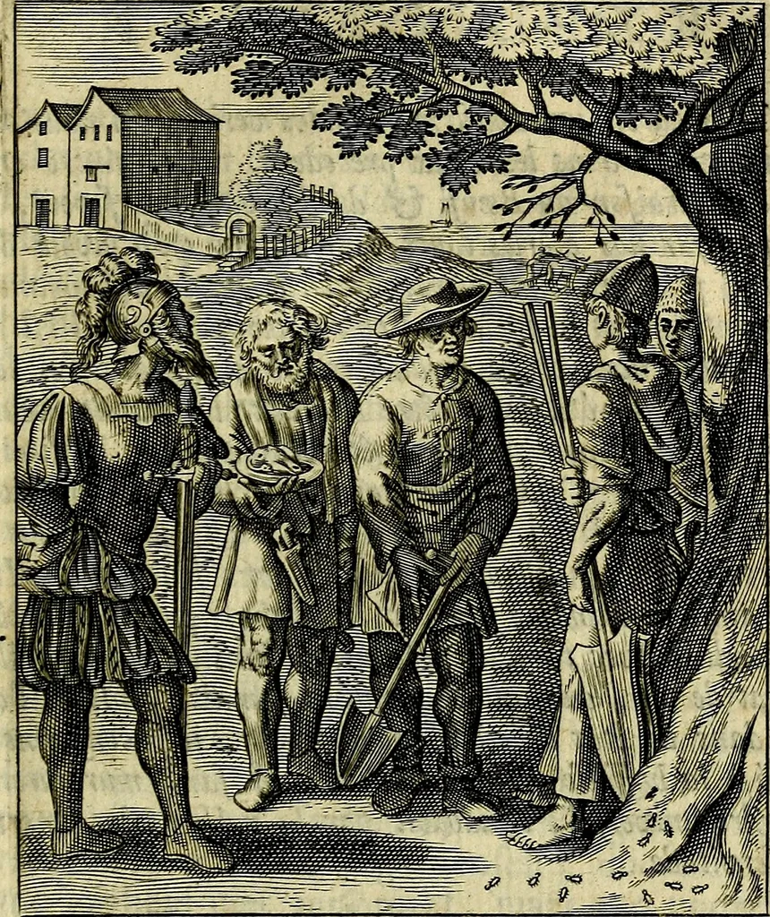 An illustration from Schouwtoneel des menschelyken leevens, of, Lessen der wysheid : uytgedrukt in 103. fraaye konstplaaten, welker zinspeelingen uyt Horatius verzaamellt zyn, 1755, leaf 264