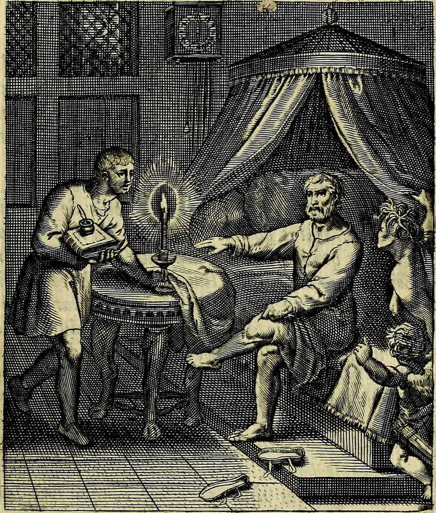 An illustration from Schouwtoneel des menschelyken leevens, of, Lessen der wysheid : uytgedrukt in 103. fraaye konstplaaten, welker zinspeelingen uyt Horatius verzaamellt zyn, 1755, leaf 276