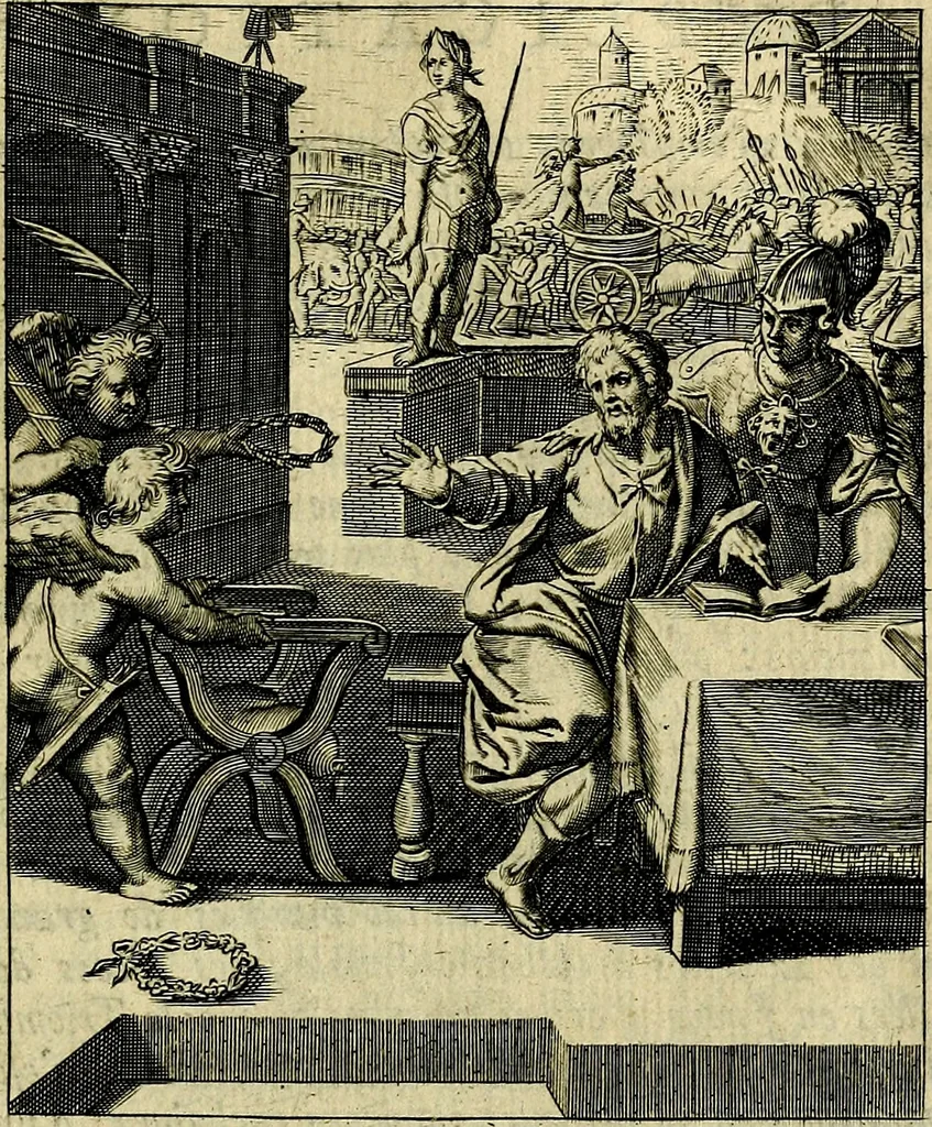 An illustration from Schouwtoneel des menschelyken leevens, of, Lessen der wysheid : uytgedrukt in 103. fraaye konstplaaten, welker zinspeelingen uyt Horatius verzaamellt zyn, 1755, leaf 280