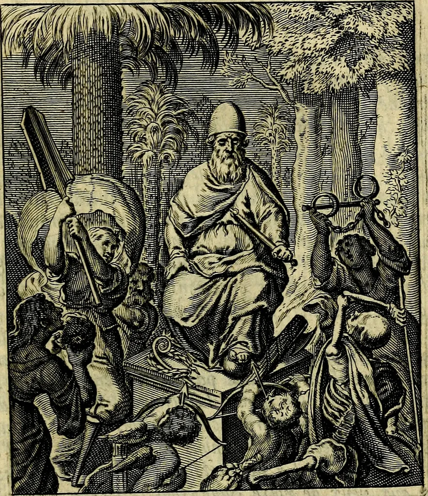 An illustration from Schouwtoneel des menschelyken leevens, of, Lessen der wysheid : uytgedrukt in 103. fraaye konstplaaten, welker zinspeelingen uyt Horatius verzaamellt zyn, 1755, leaf 284