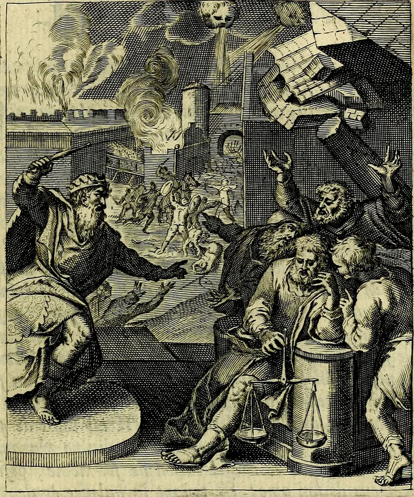 An illustration from Schouwtoneel des menschelyken leevens, of, Lessen der wysheid : uytgedrukt in 103. fraaye konstplaaten, welker zinspeelingen uyt Horatius verzaamellt zyn, 1755, leaf 288