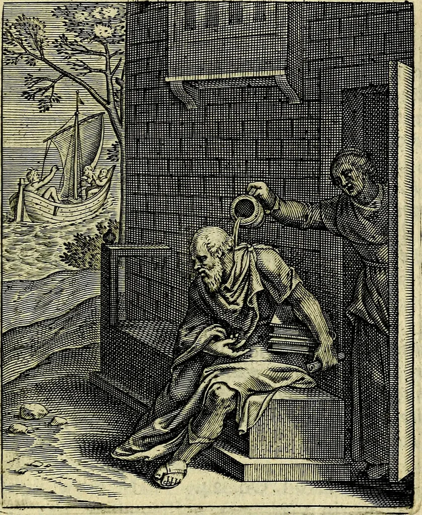 An illustration from Schouwtoneel des menschelyken leevens, of, Lessen der wysheid : uytgedrukt in 103. fraaye konstplaaten, welker zinspeelingen uyt Horatius verzaamellt zyn, 1755, leaf 296