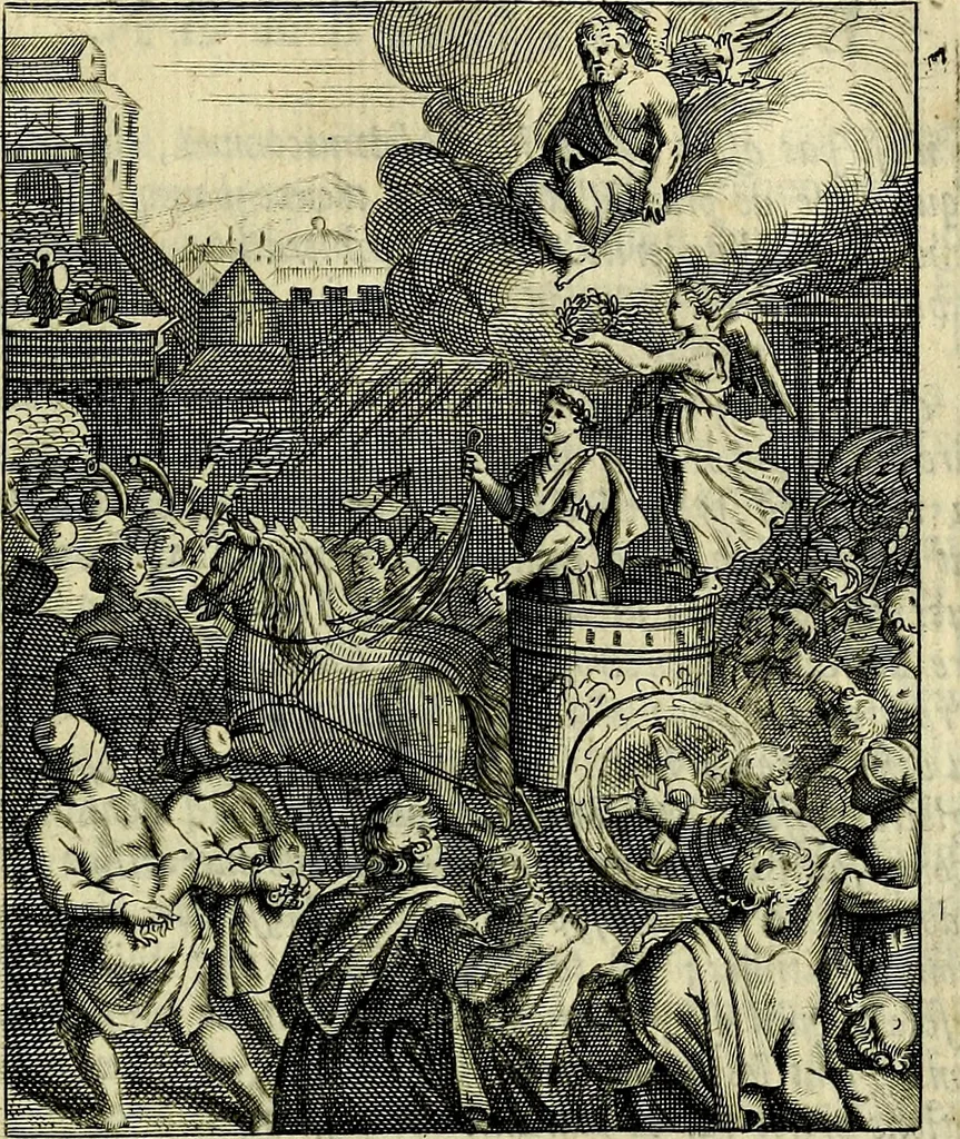 An illustration from Schouwtoneel des menschelyken leevens, of, Lessen der wysheid : uytgedrukt in 103. fraaye konstplaaten, welker zinspeelingen uyt Horatius verzaamellt zyn, 1755, leaf 308