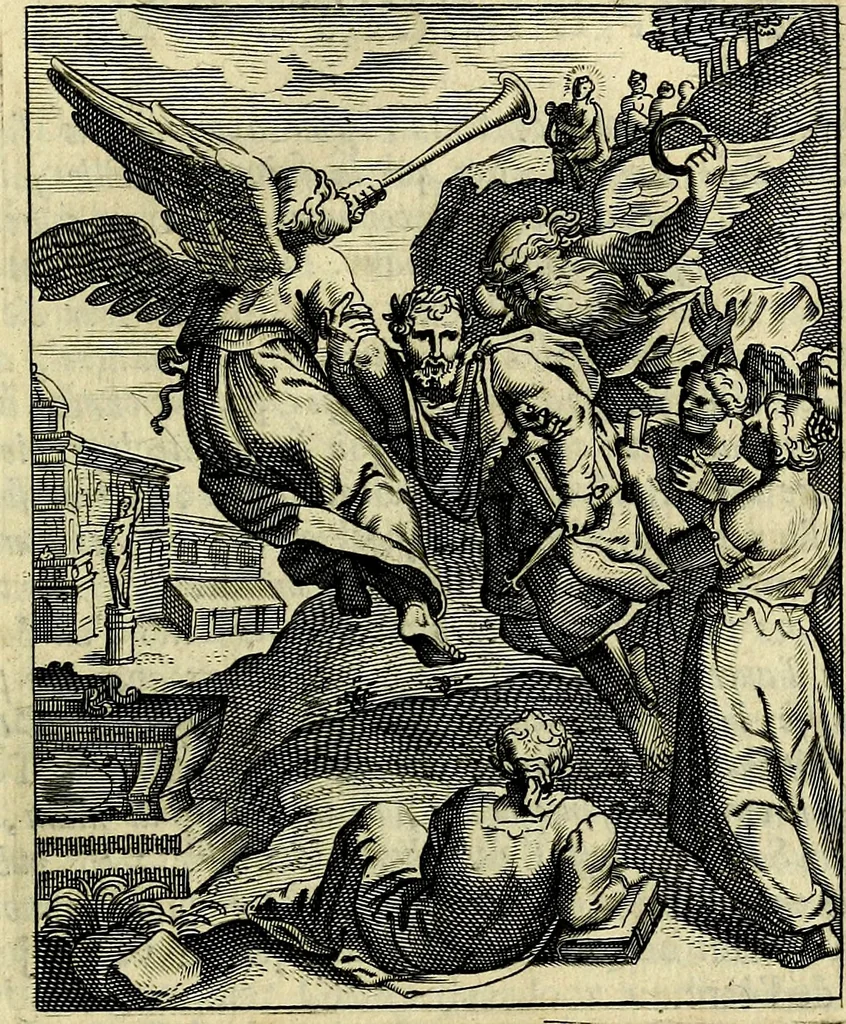 An illustration from Schouwtoneel des menschelyken leevens, of, Lessen der wysheid : uytgedrukt in 103. fraaye konstplaaten, welker zinspeelingen uyt Horatius verzaamellt zyn, 1755, leaf 312