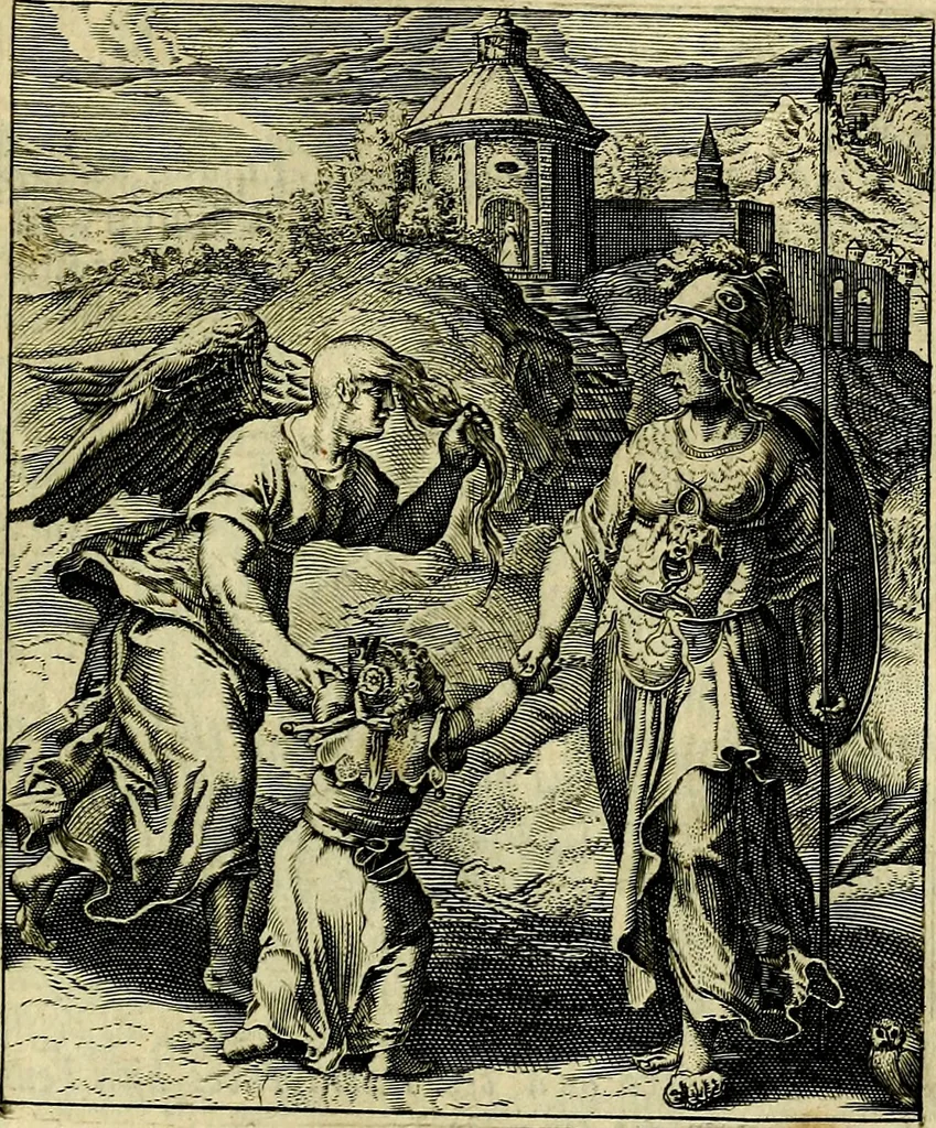 An illustration from Schouwtoneel des menschelyken leevens, of, Lessen der wysheid : uytgedrukt in 103. fraaye konstplaaten, welker zinspeelingen uyt Horatius verzaamellt zyn, 1755, leaf 324