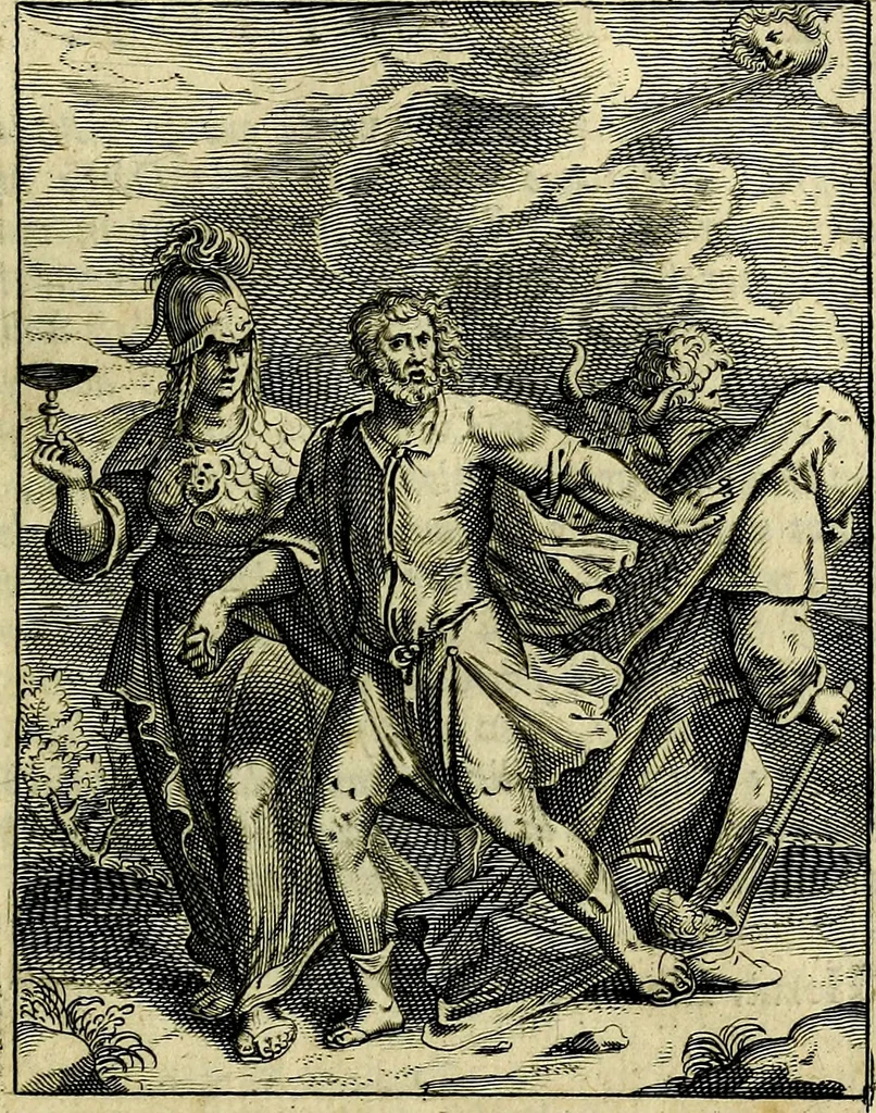 An illustration from Schouwtoneel des menschelyken leevens, of, Lessen der wysheid : uytgedrukt in 103. fraaye konstplaaten, welker zinspeelingen uyt Horatius verzaamellt zyn, 1755, leaf 328