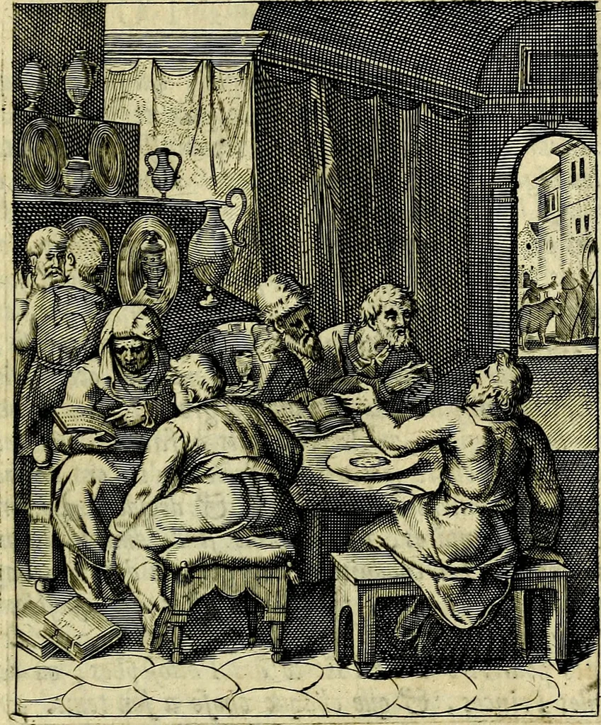 An illustration from Schouwtoneel des menschelyken leevens, of, Lessen der wysheid : uytgedrukt in 103. fraaye konstplaaten, welker zinspeelingen uyt Horatius verzaamellt zyn, 1755, leaf 332
