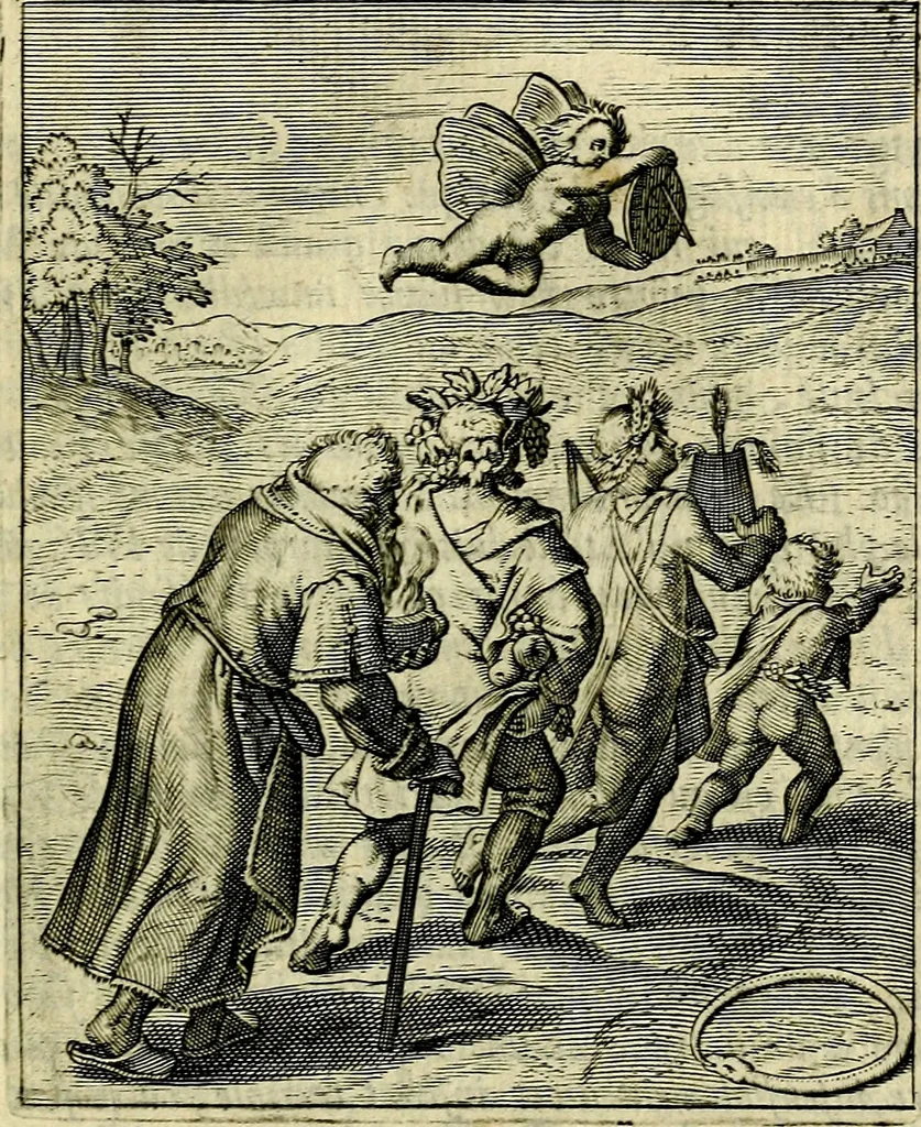 An illustration from Schouwtoneel des menschelyken leevens, of, Lessen der wysheid : uytgedrukt in 103. fraaye konstplaaten, welker zinspeelingen uyt Horatius verzaamellt zyn, 1755, leaf 348