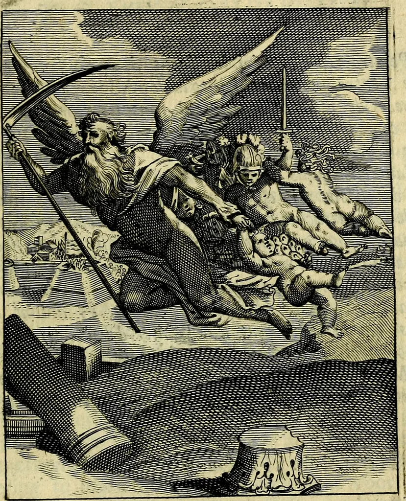 An illustration from Schouwtoneel des menschelyken leevens, of, Lessen der wysheid : uytgedrukt in 103. fraaye konstplaaten, welker zinspeelingen uyt Horatius verzaamellt zyn, 1755, leaf 352