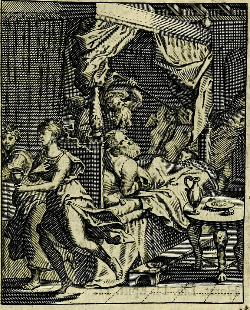 An illustration from Schouwtoneel des menschelyken leevens, of, Lessen der wysheid : uytgedrukt in 103. fraaye konstplaaten, welker zinspeelingen uyt Horatius verzaamellt zyn, 1755, leaf 364