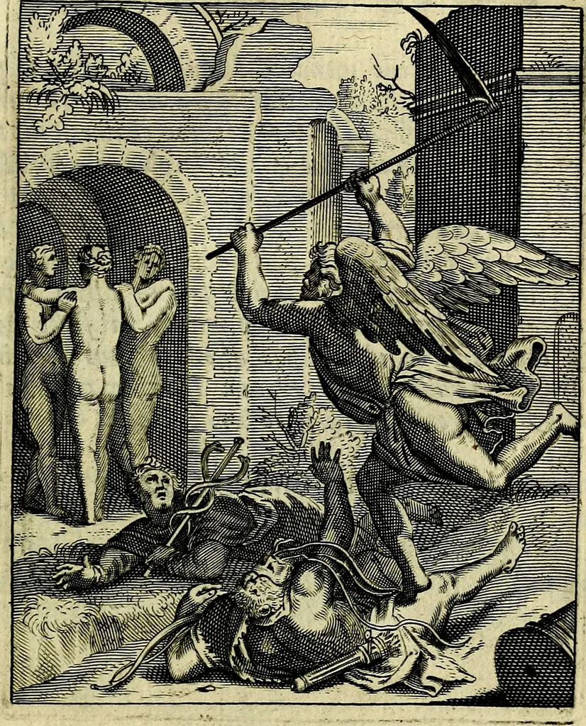 An illustration from Schouwtoneel des menschelyken leevens, of, Lessen der wysheid : uytgedrukt in 103. fraaye konstplaaten, welker zinspeelingen uyt Horatius verzaamellt zyn, 1755, leaf 368