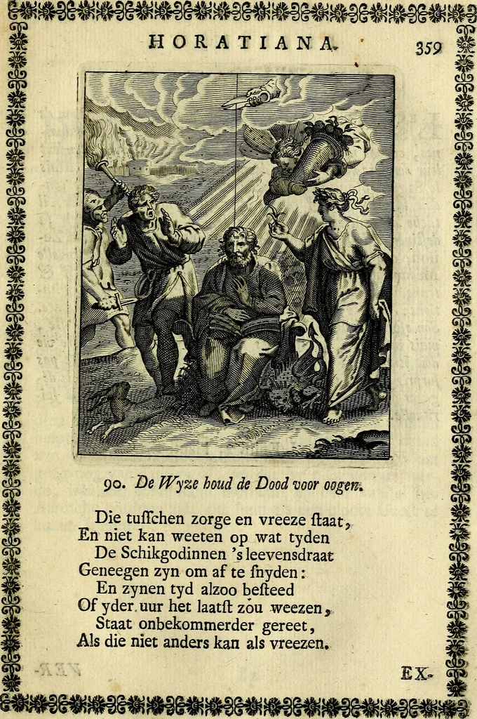 An illustration from Schouwtoneel des menschelyken leevens, of, Lessen der wysheid : uytgedrukt in 103. fraaye konstplaaten, welker zinspeelingen uyt Horatius verzaamellt zyn, 1755, leaf 372