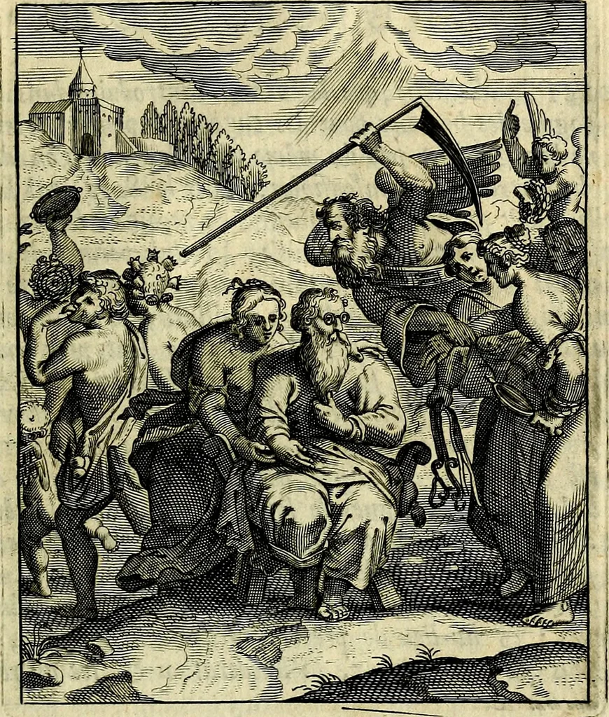 An illustration from Schouwtoneel des menschelyken leevens, of, Lessen der wysheid : uytgedrukt in 103. fraaye konstplaaten, welker zinspeelingen uyt Horatius verzaamellt zyn, 1755, leaf 376