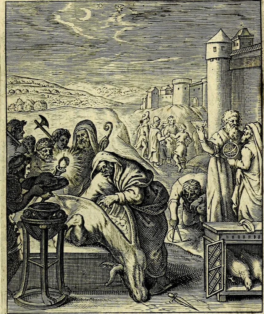 An illustration from Schouwtoneel des menschelyken leevens, of, Lessen der wysheid : uytgedrukt in 103. fraaye konstplaaten, welker zinspeelingen uyt Horatius verzaamellt zyn, 1755, leaf 380